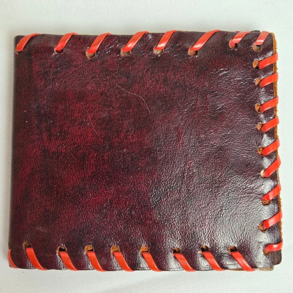 Handmade Bifold Leather Wallet Burgundy Red Contrast Stitching‎ Rustic Primitive